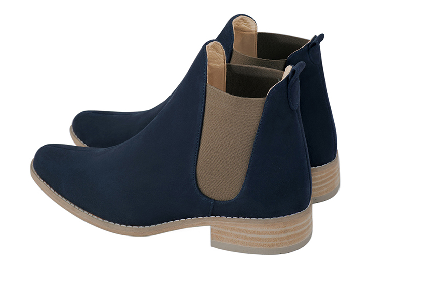 Navy blue and taupe brown women's ankle boots, with elastics. Round toe. Flat leather soles. Rear view - Florence KOOIJMAN